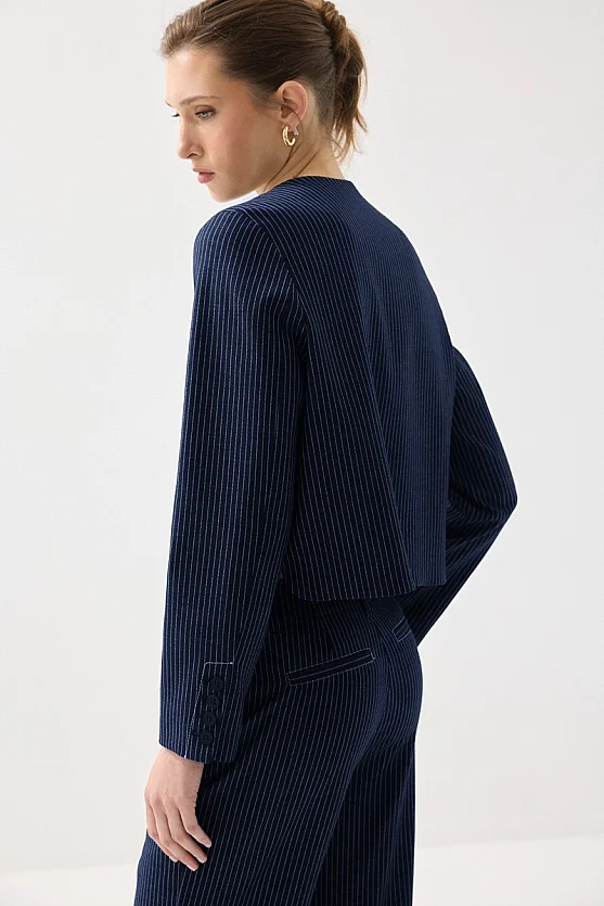 Crew Neck Striped Viscose Linen Jacket - Navy Blue - 4