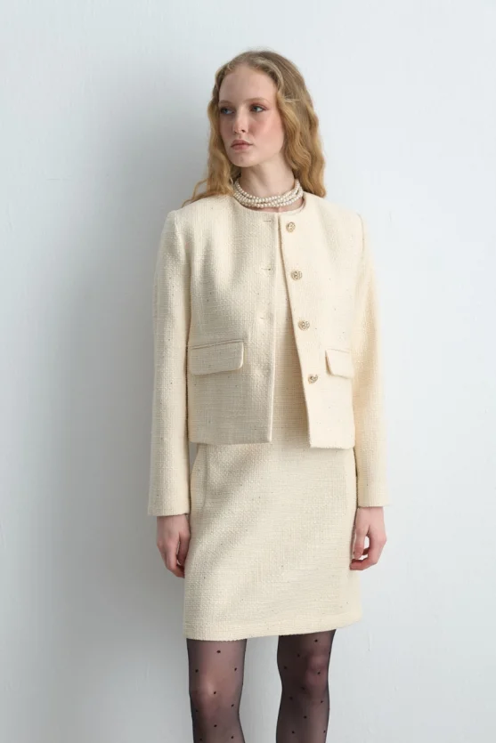 Crew Neck Tweed Jacket - Ecru - 3