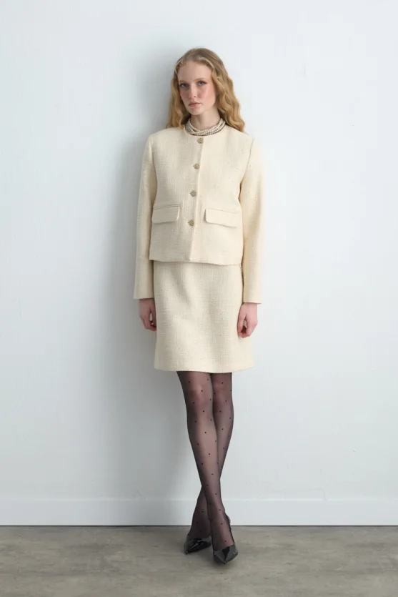 Crew Neck Tweed Jacket - Ecru - 4