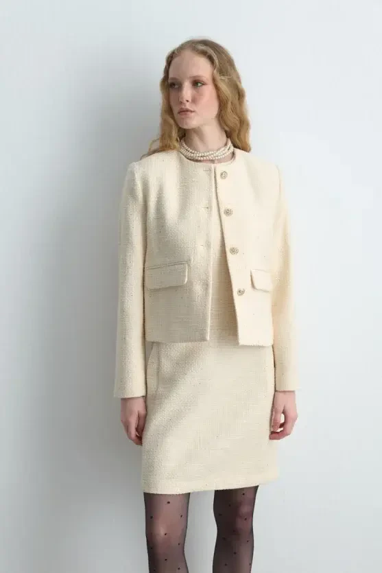 Crew Neck Tweed Jacket - Ecru - 3