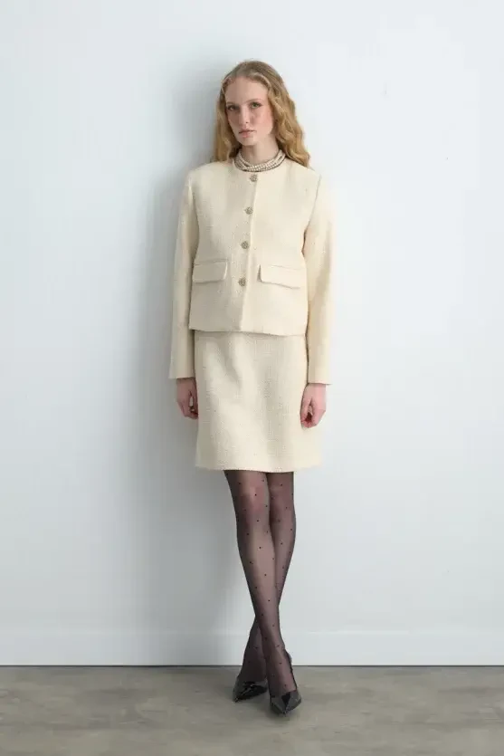 Crew Neck Tweed Jacket - Ecru - 4