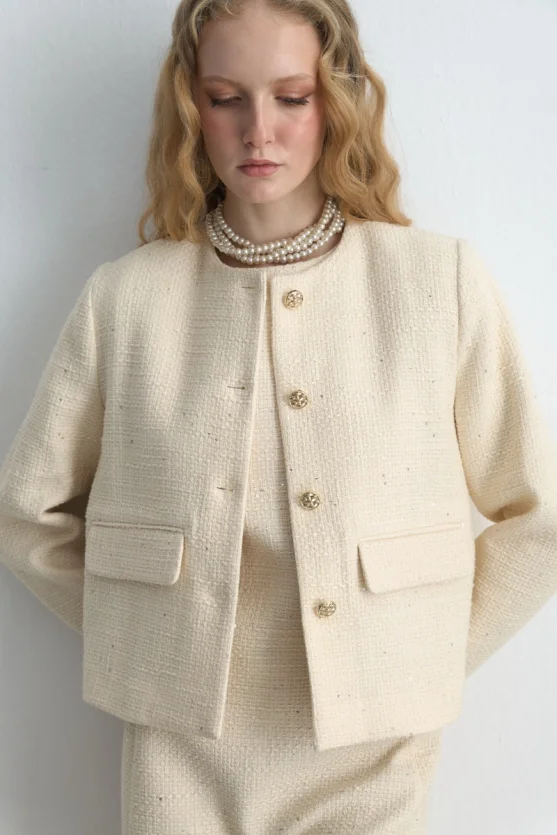 Crew Neck Tweed Jacket Ecru - 2