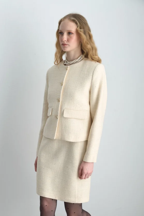 Crew Neck Tweed Jacket Ecru - Gusto