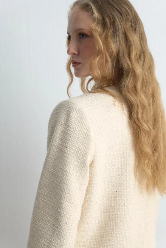 Crew Neck Tweed Jacket Ecru - Gusto