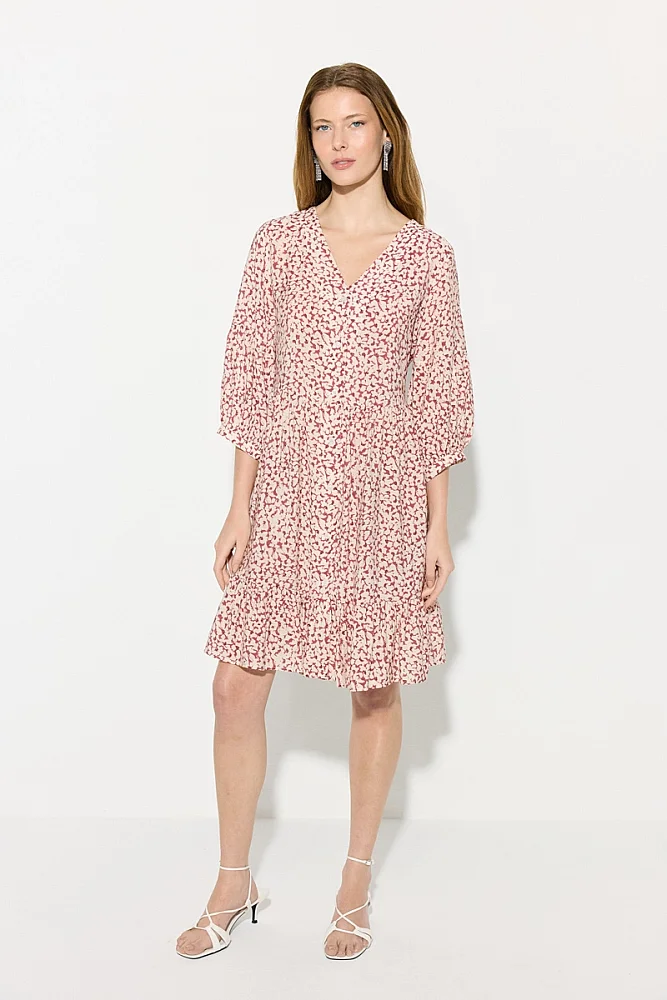 Crinkle Print Relaxed Fit Viscose Dress - Burgundy Burgundy