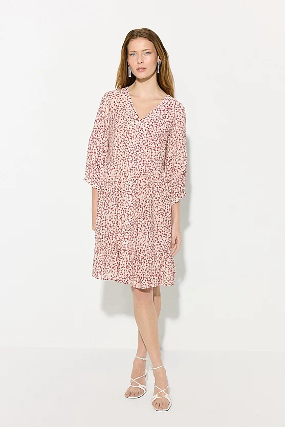Crinkle Print Relaxed Fit Viscose Dress - Burgundy - 2