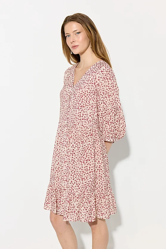 Crinkle Print Relaxed Fit Viscose Dress - Burgundy - 4