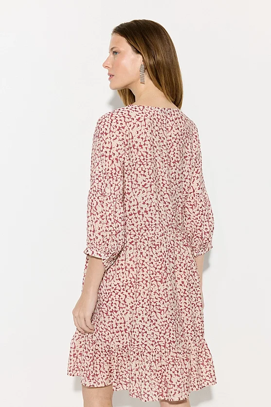 Crinkle Print Relaxed Fit Viscose Dress - Burgundy - Gusto