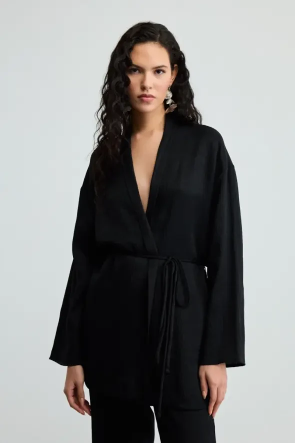Crinkle Satin Kimono - Black - 1