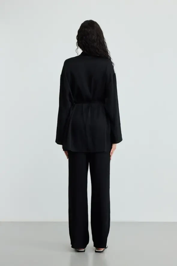 Crinkle Satin Kimono - Black - 4
