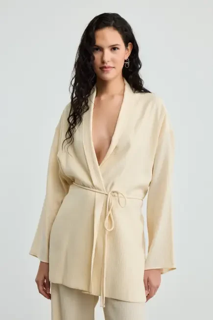 Crinkle Satin Kimono - Ecru Ecru