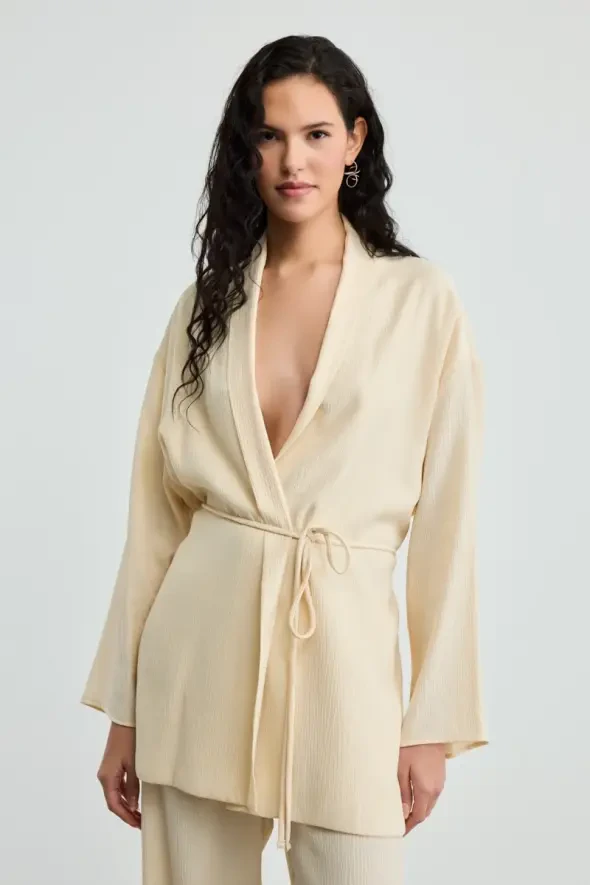 Crinkle Satin Kimono - Ecru - 1