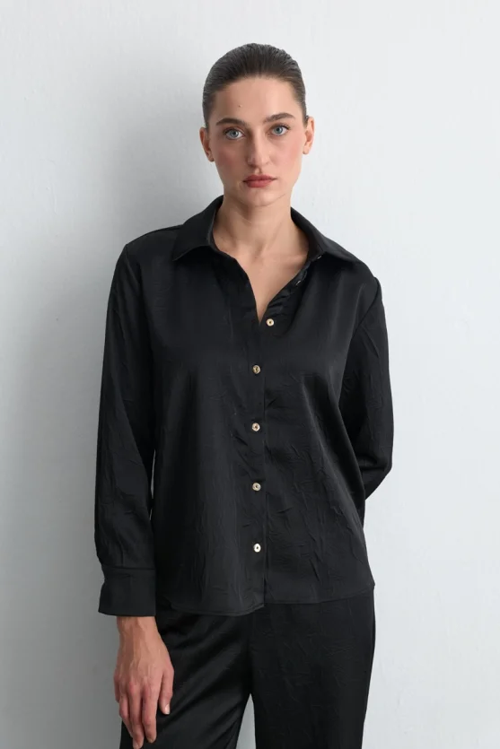 Crinkle Satin Shirt Black - 1
