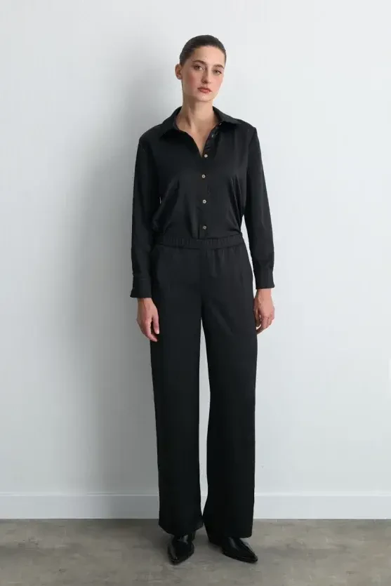 Crinkle Wide-Leg Satin Pants - Black - 1