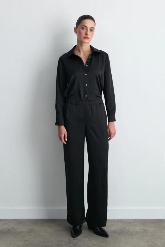 Crinkle Wide Leg Satin Pants Black - 1