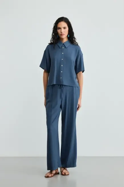 Crinkle Wide-Legged Pants - Navy Blue Navy Blue