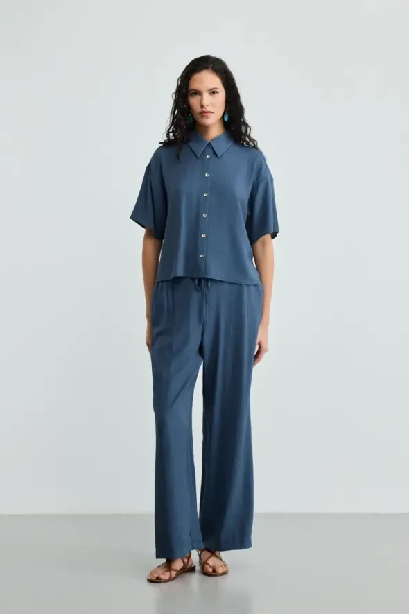 Crinkle Wide-Legged Pants - Navy Blue - 1