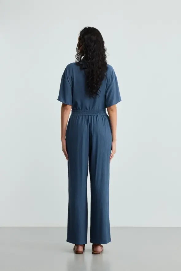 Crinkle Wide-Legged Pants - Navy Blue - 5