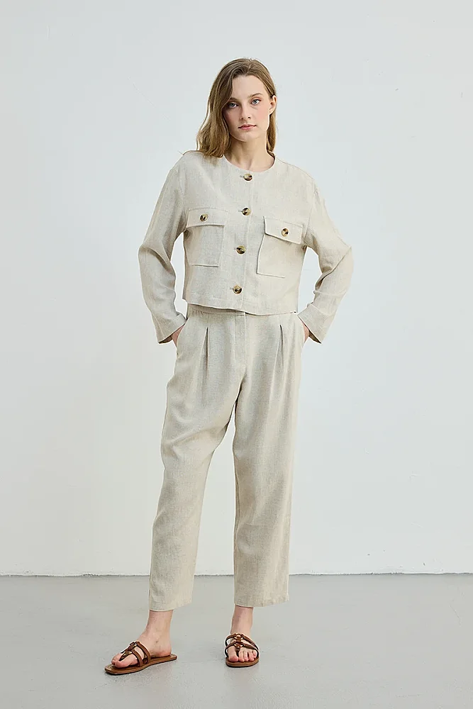 Cropped Linen Jacket - Beige Beige