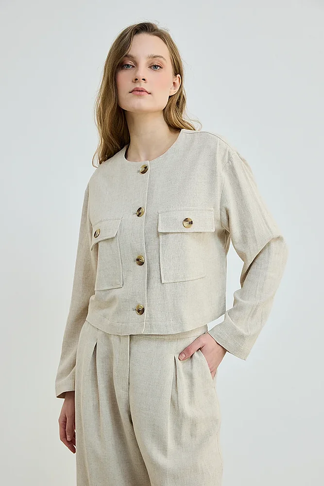 Cropped Linen Jacket - Beige Beige