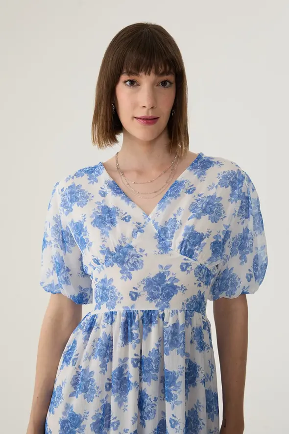 Cross Back Strappy Floral Dress - Blue - 3