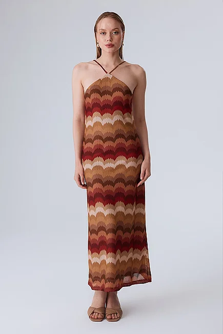 Cross-Strap Ethnic Print Raschel Knit Dress - Orange Orange