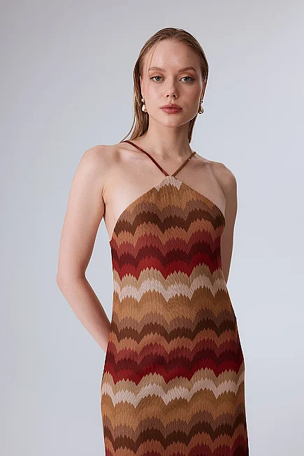 Cross-Strap Ethnic Print Raschel Knit Dress - Orange - 2