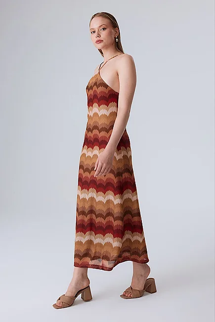 Cross-Strap Ethnic Print Raschel Knit Dress - Orange - 3