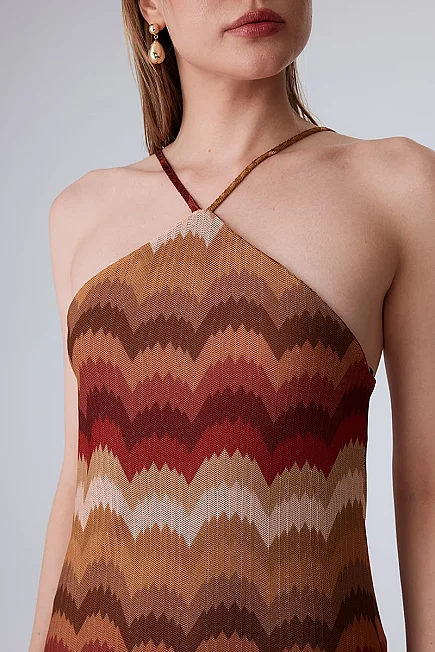 Cross-Strap Ethnic Print Raschel Knit Dress - Orange - 4