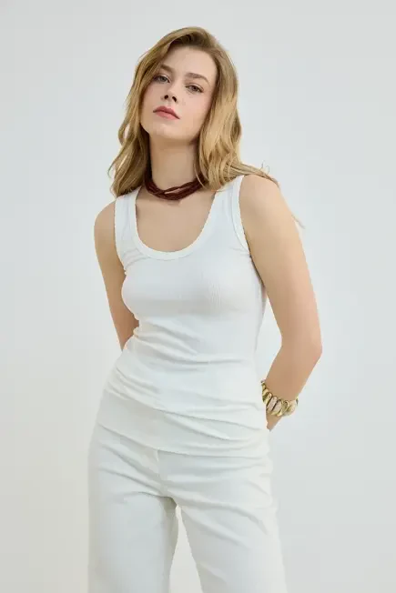 Cut Neck Viscose Tank Top - Ecru Ecru
