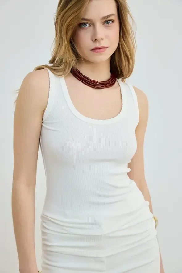 Cut Neck Viscose Tank Top - Ecru - 2