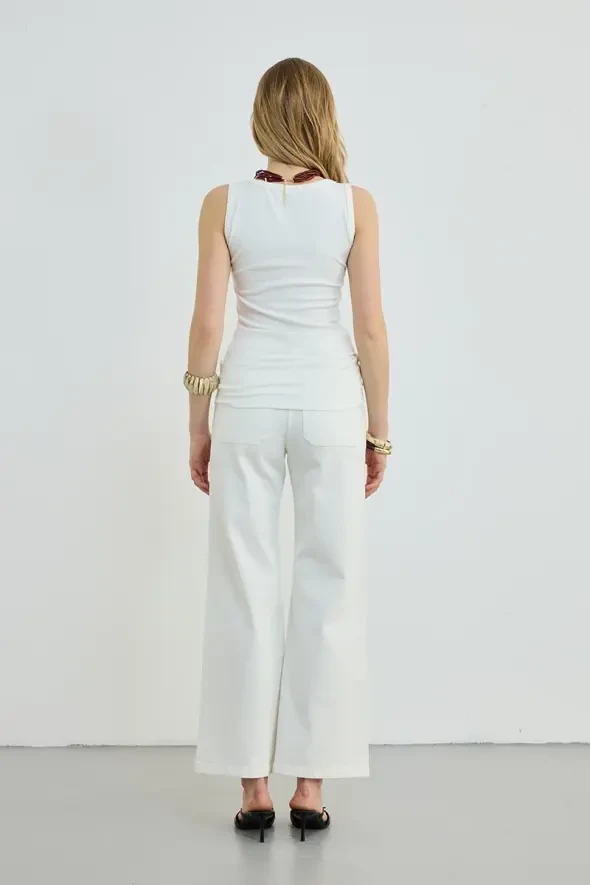 Cut Neck Viscose Tank Top - Ecru - 4