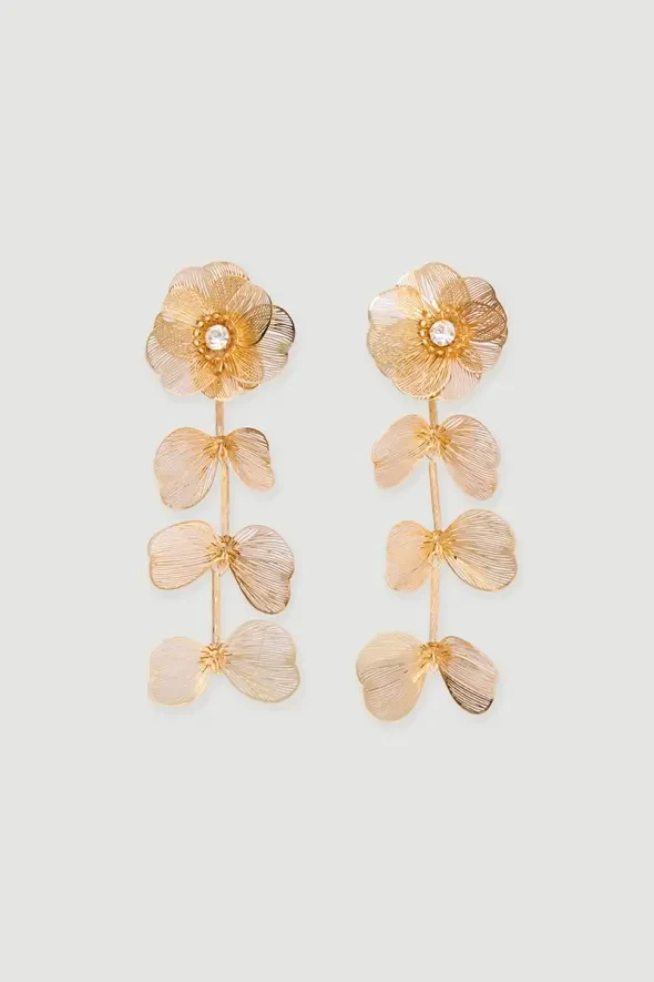 Dangling Floral Earrings with Stone Detail - Gold - 1