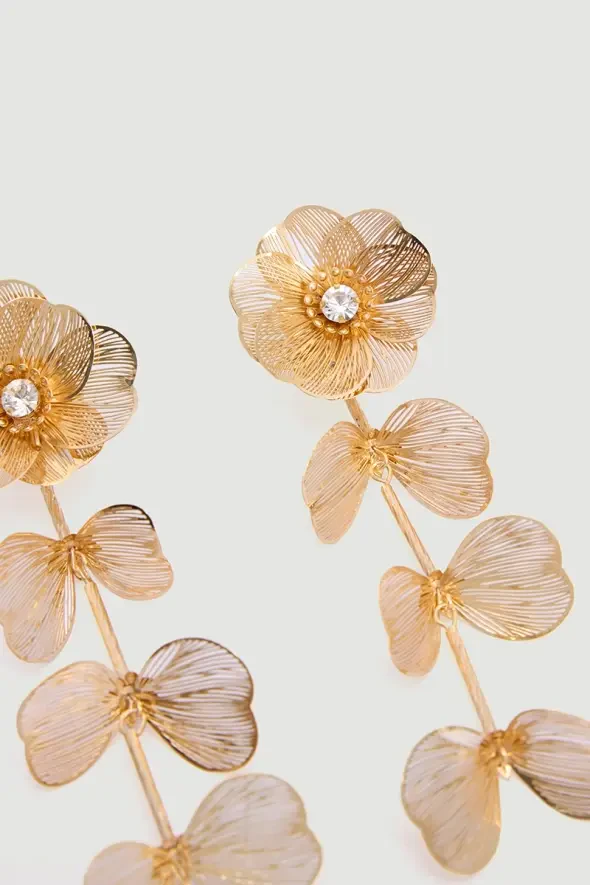 Dangling Floral Earrings with Stone Detail - Gold - 3