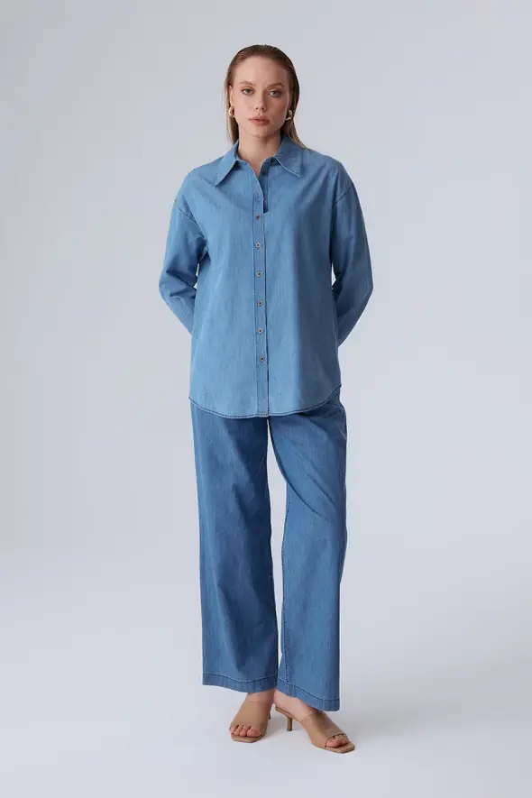 Denim Palazzo Pants - Blue - 4