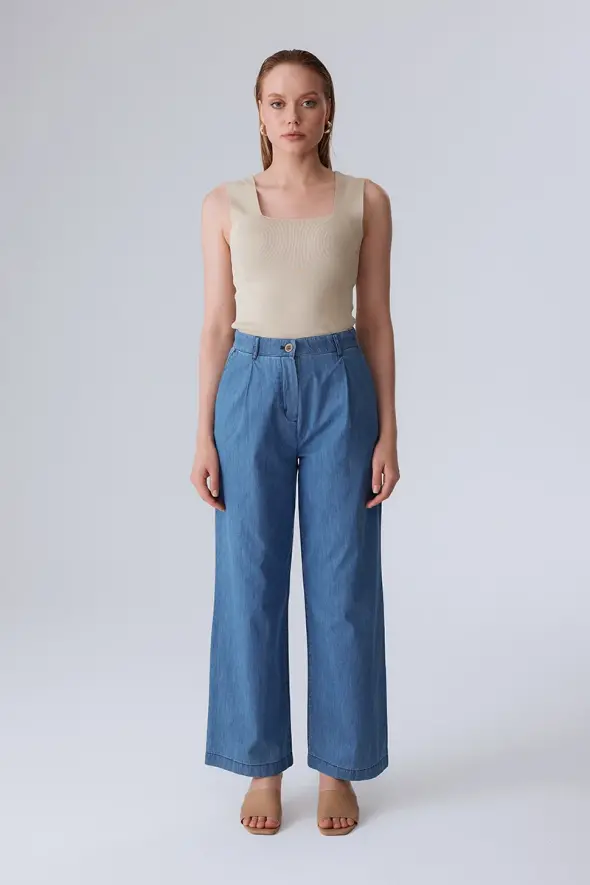 Denim Palazzo Pants - Blue - 3