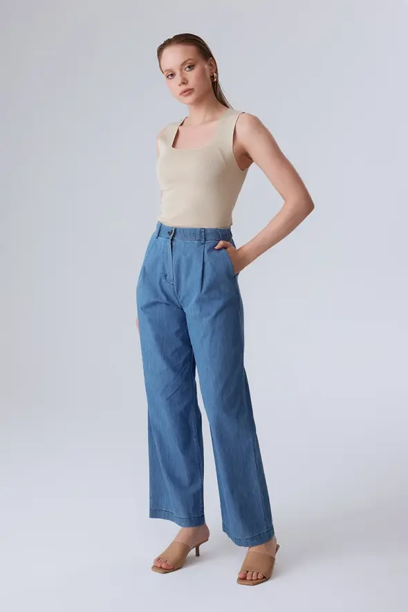 Denim Palazzo Pants - Blue - 2