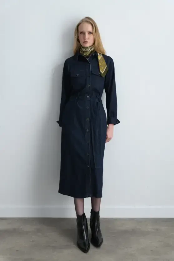 Denim Shirt Dress - Navy Blue - 3