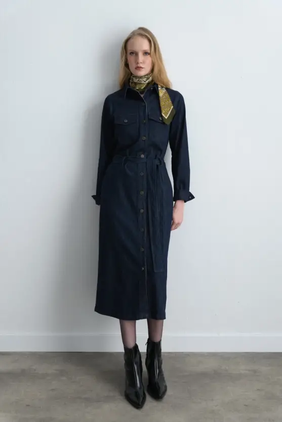 Denim Shirt Dress Navy Blue - 3