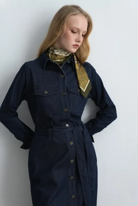 Denim Shirt Dress Navy Blue - 5