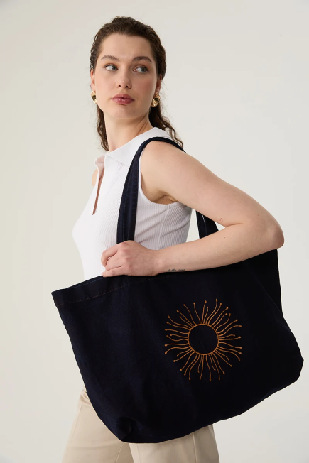 Denim Shopping with Sun Embroidered - Navy Blue Navy Blue