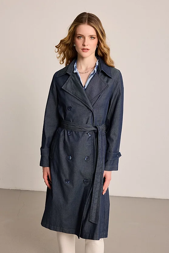 Denim Trench Coat - Blue - 3