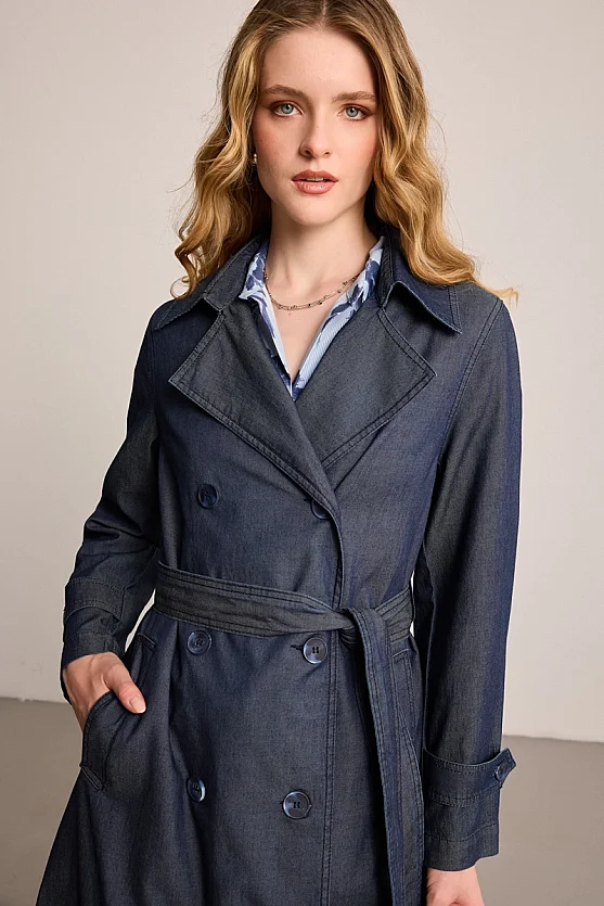 Denim Trench Coat - Blue - 5
