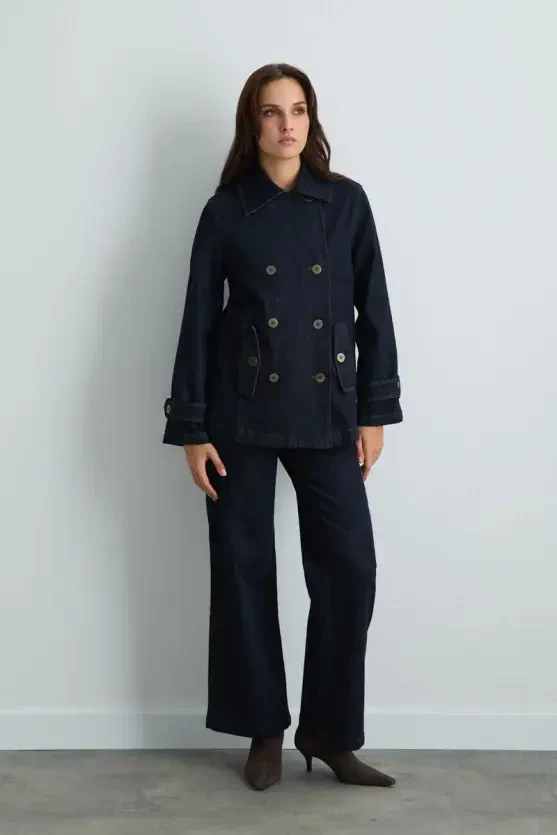 Denim Trench Coat - Navy Blue - Gusto