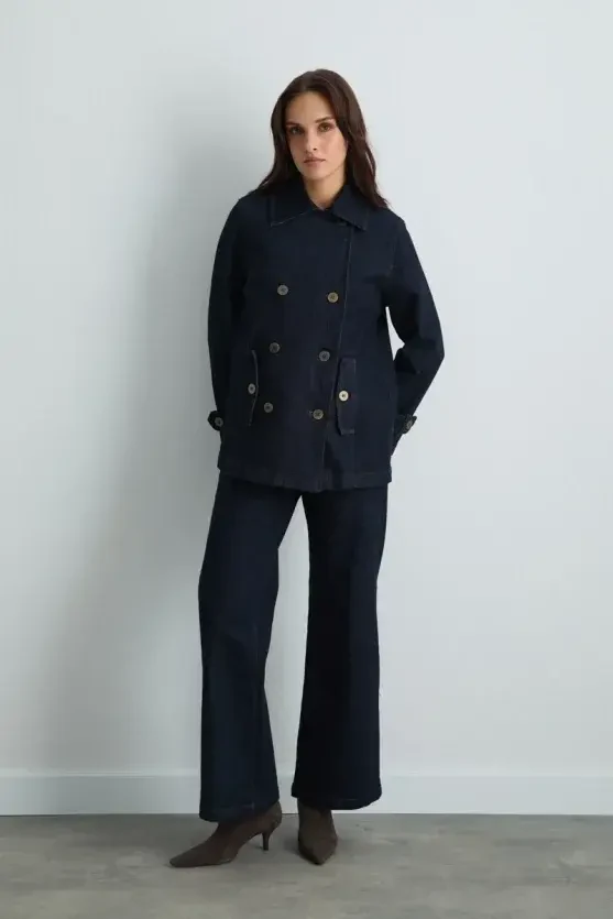 Denim Trench Coat - Navy Blue - 6
