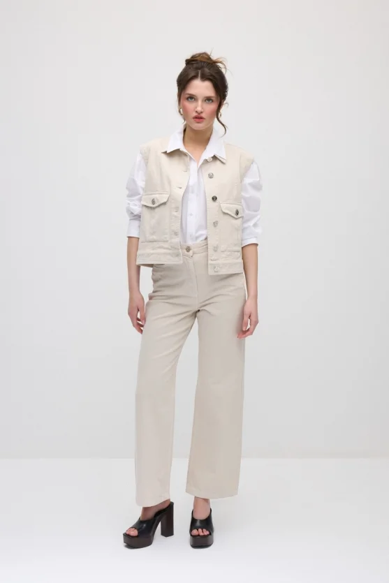 Denim Vest with Pockets - Beige - 2