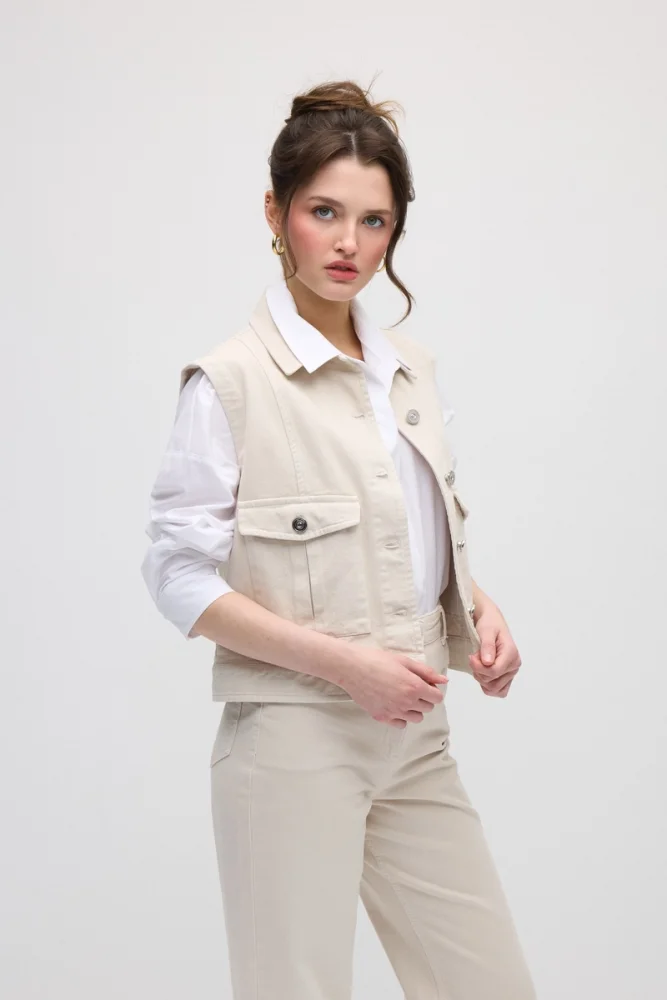Denim Vest with Pockets - Beige