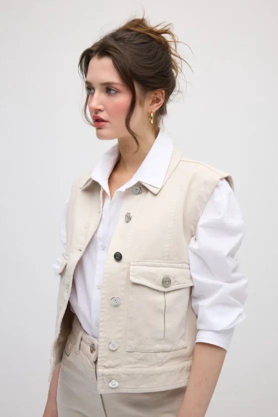 Denim Vest with Pockets - Beige - Gusto