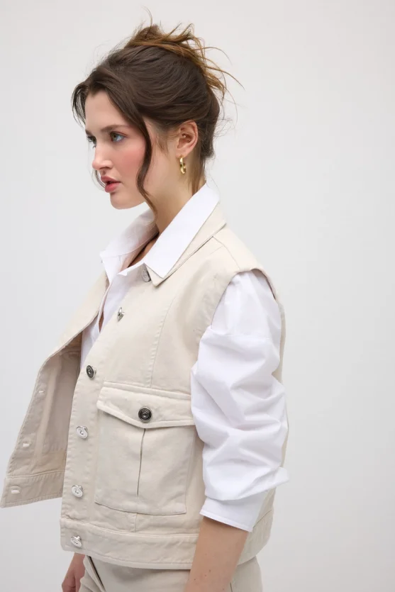 Denim Vest with Pockets - Beige - Gusto