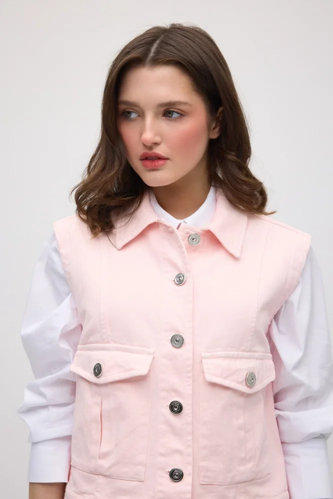 Denim Vest with Pockets - Pink Pink